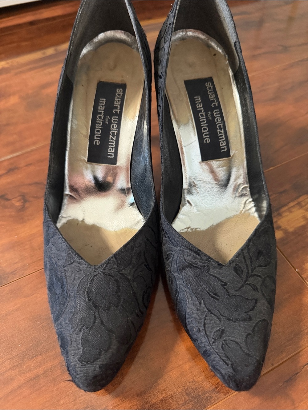Stuart Weitzman Black Floral Jacquard Pointed-Toe Pumps